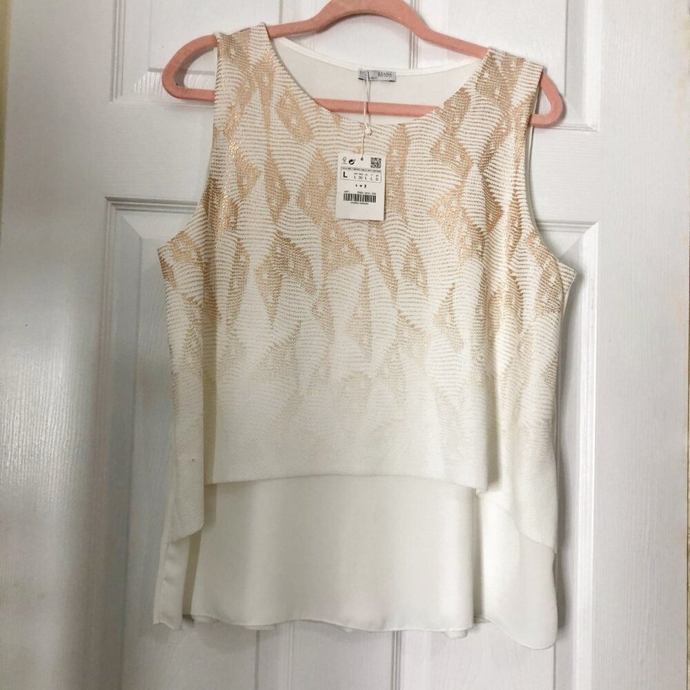 ZARA Women's Double Layered  Cream White Blouse With Rose Gold Pattern